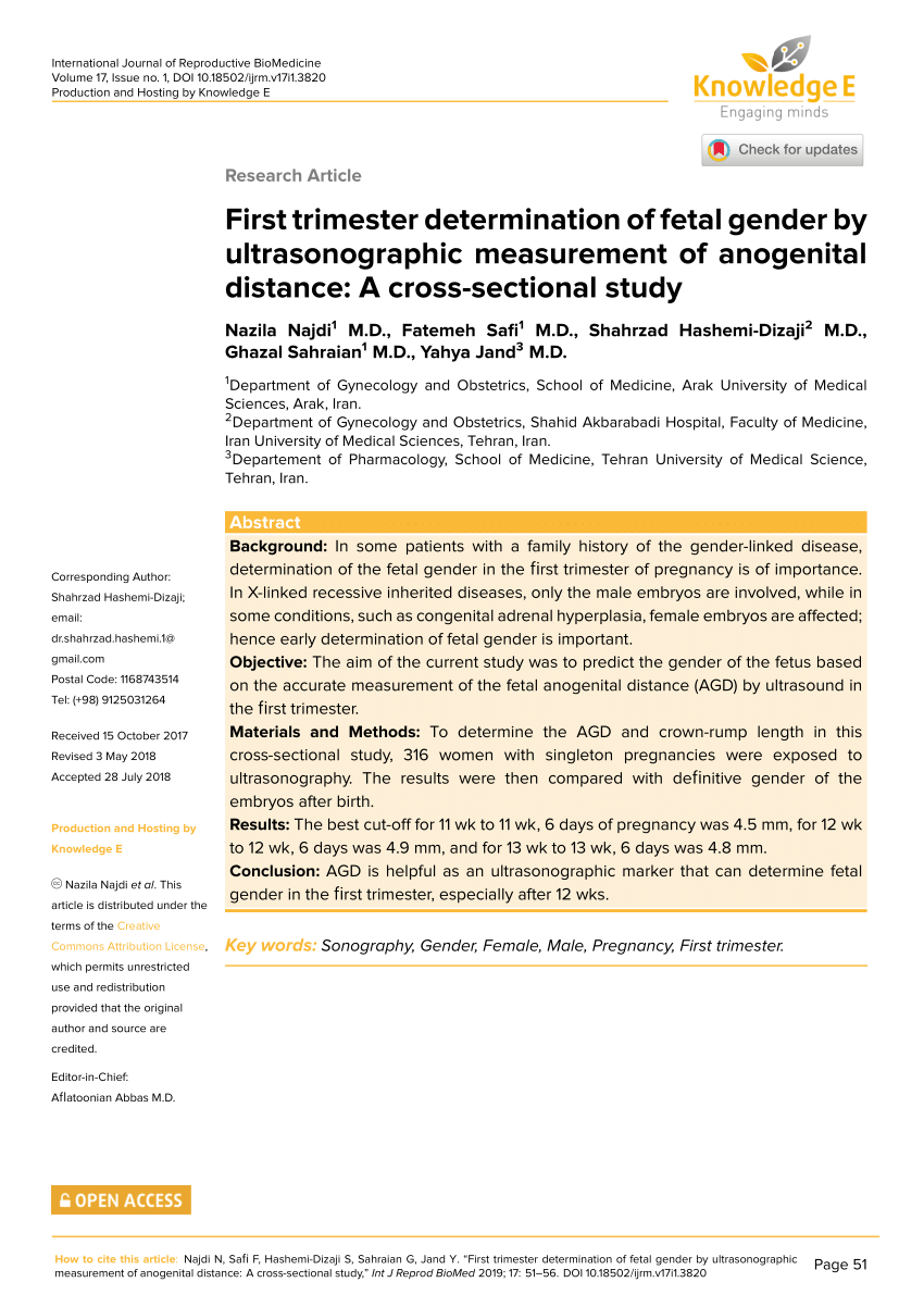 Pdf First Trimester Determination Of Fetal Gender By Ultrasonographic Measurement Of 