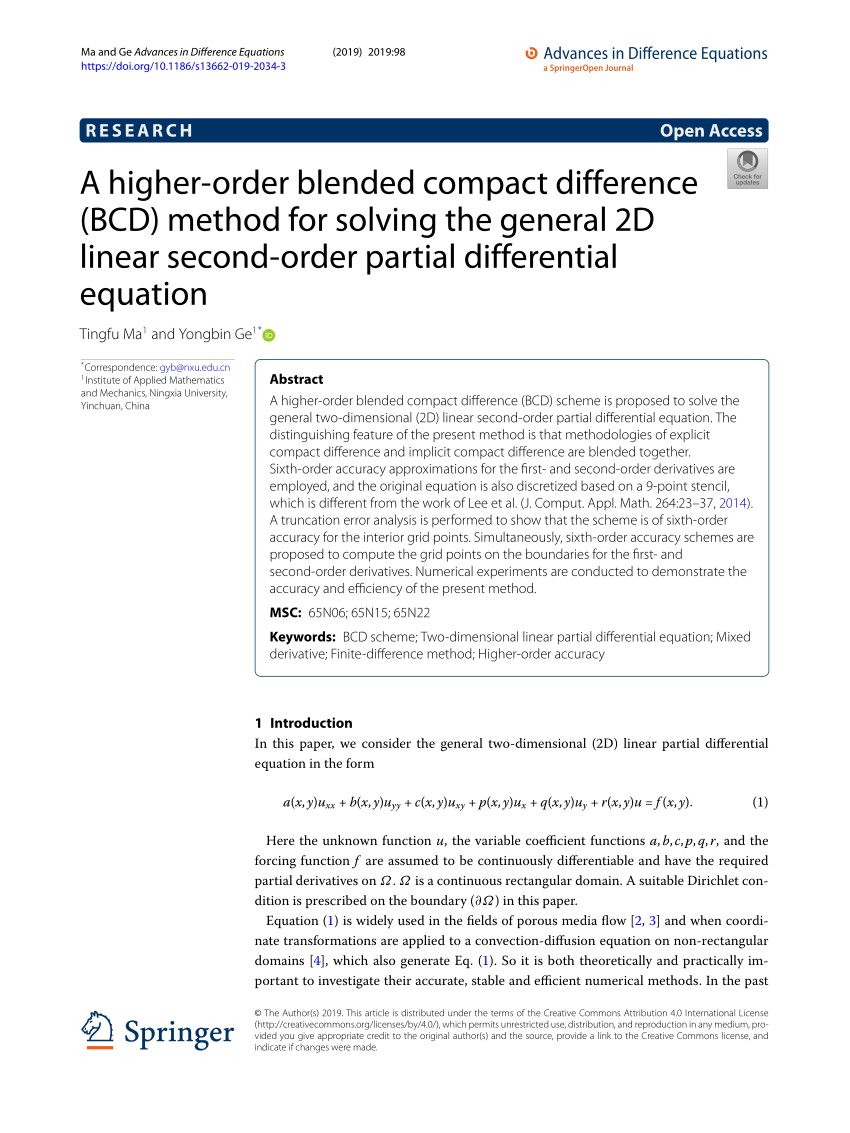 Pdf A Higher Order Blended Compact Difference d Method For Solving The General 2d Linear Second Order Partial Differential Equation