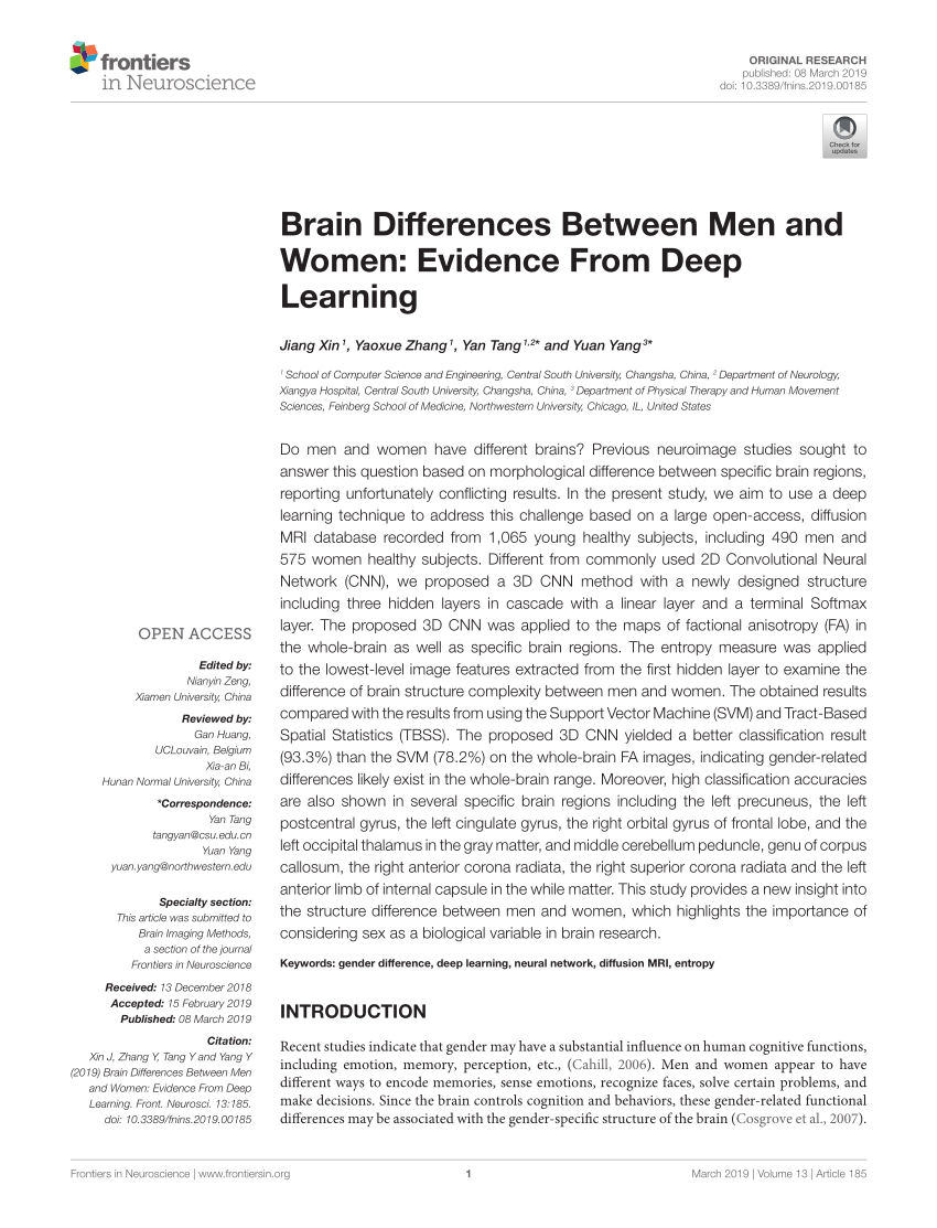 Pdf Brain Differences Between Men And Women Evidence From Deep Learning