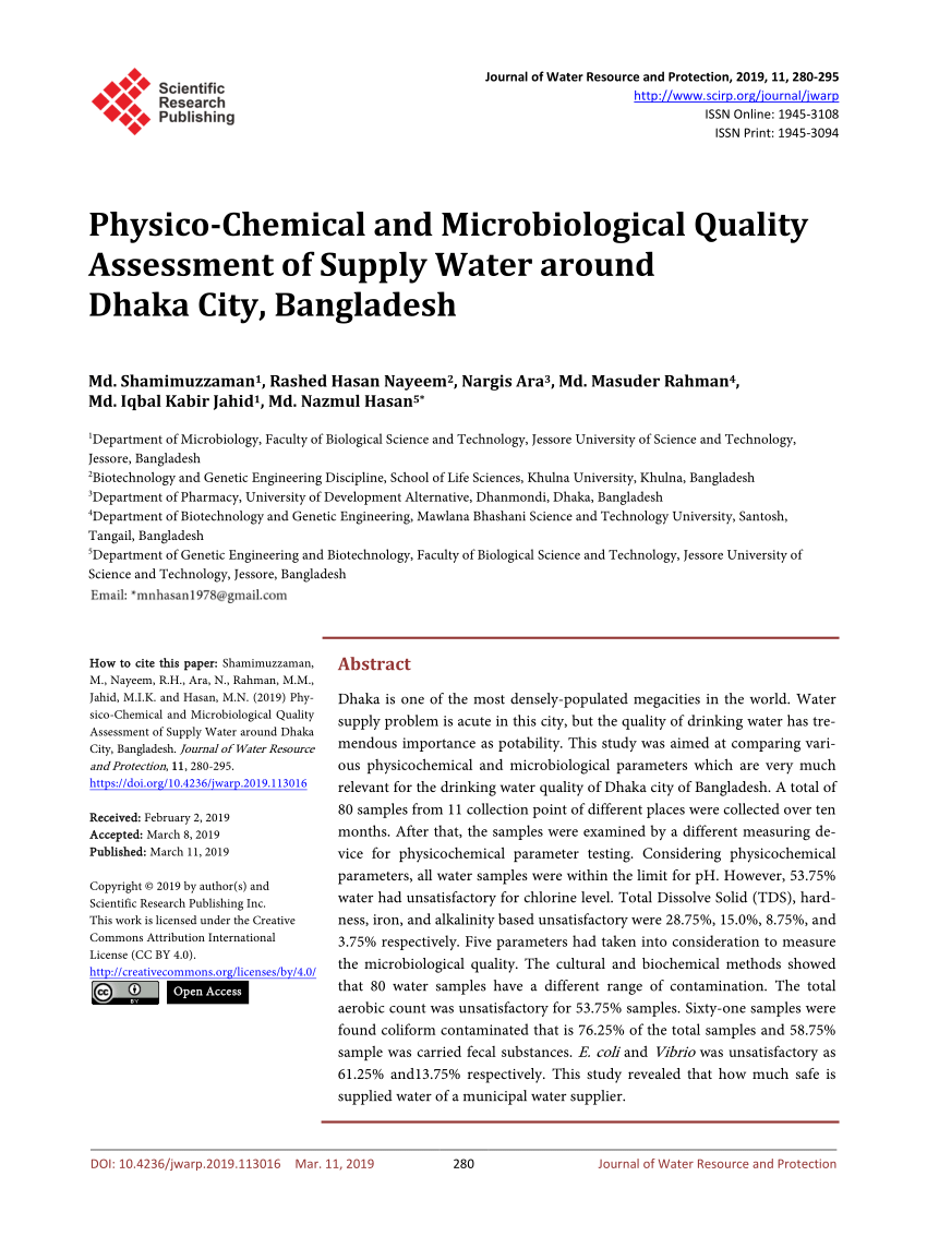 Pdf Physico Chemical And Microbiological Quality Assessment Of Supply Water Around Dhaka City Bangladesh