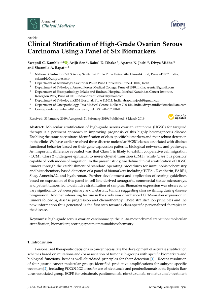 Pdf Clinical Stratification Of High Grade Ovarian Serous Carcinoma Using A Panel Of Six Biomarkers 9354