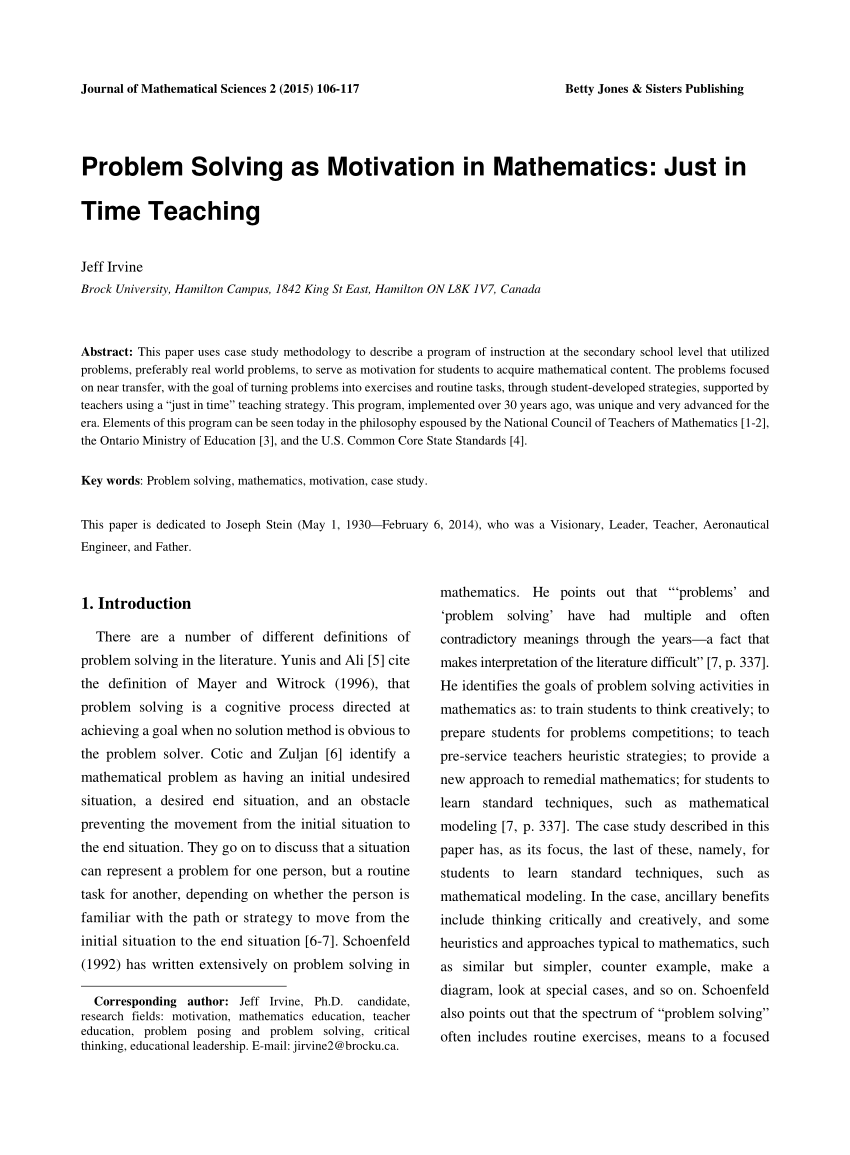 Pdf Problem Solving As Motivation In Mathematics Just In Time Teaching
