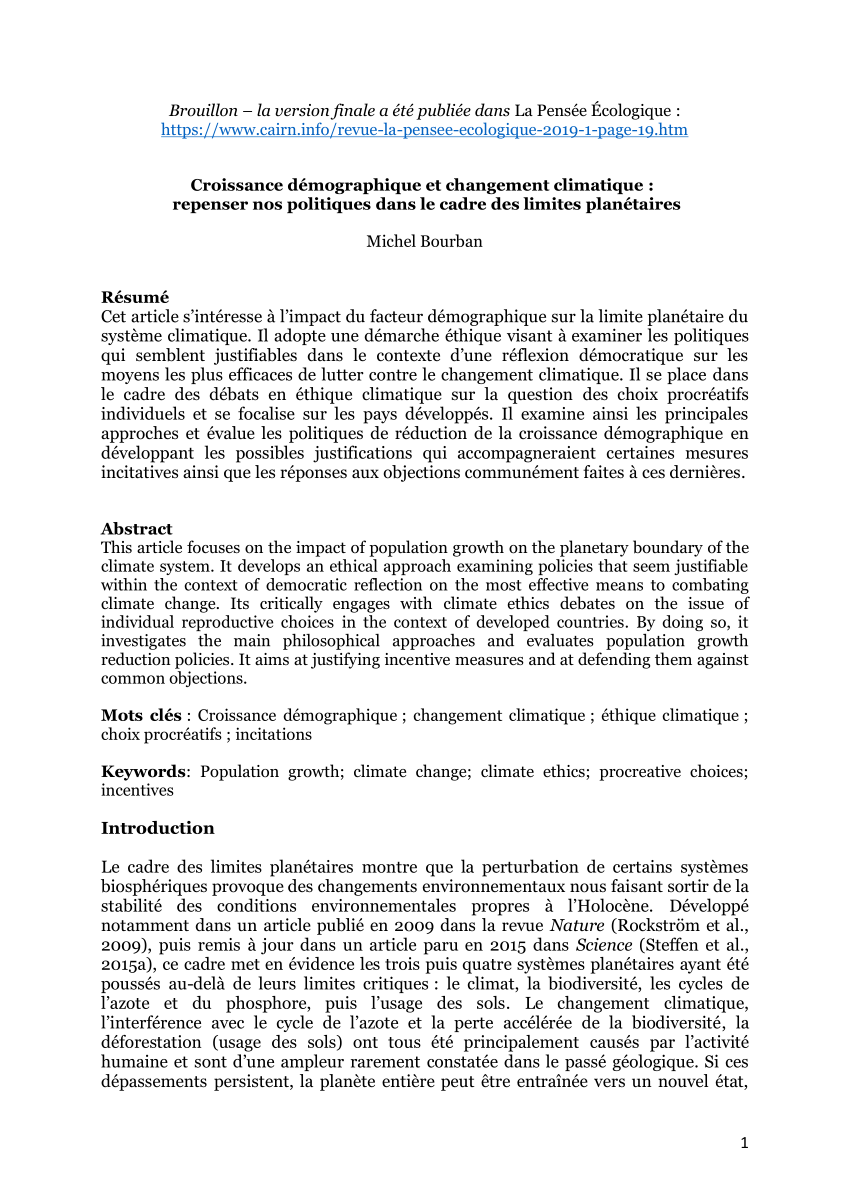 Pdf Croissance Demographique Et Changement Climatique Repenser Nos Politiques Dans Le Cadre Des Limites Planetaires