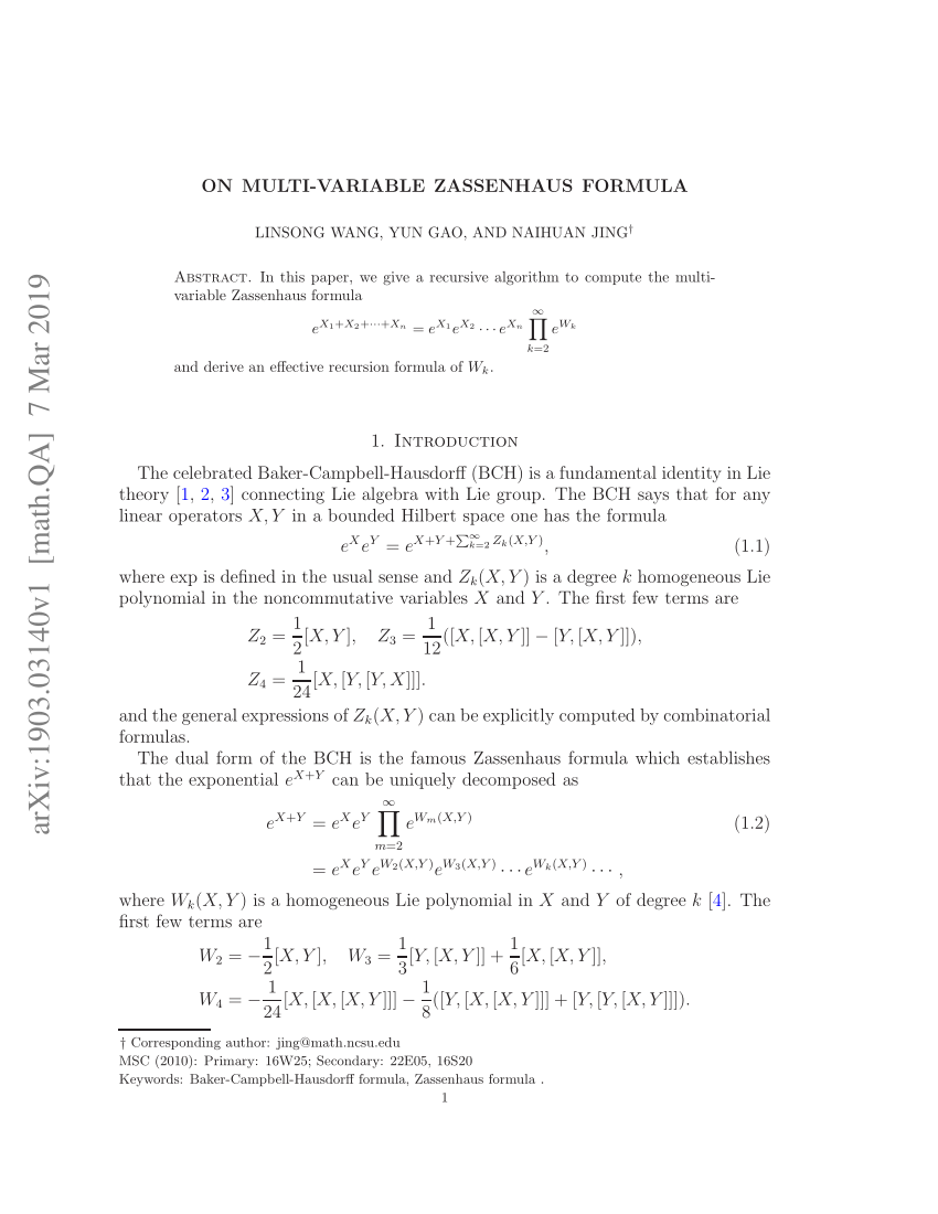 Pdf On Multi Variable Zassenhaus Formula