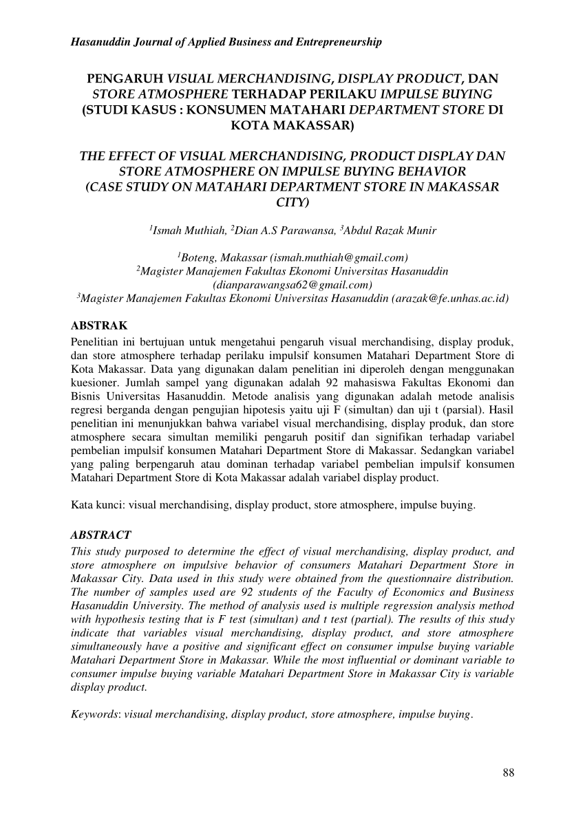 PDF) THE EFFECT OF VISUAL MERCHANDISING, PRODUCT DISPLAY DAN STORE  ATMOSPHERE ON IMPULSE BUYING BEHAVIOR (CASE STUDY ON MATAHARI DEPARTMENT  STORE IN MAKASSAR CITY)
