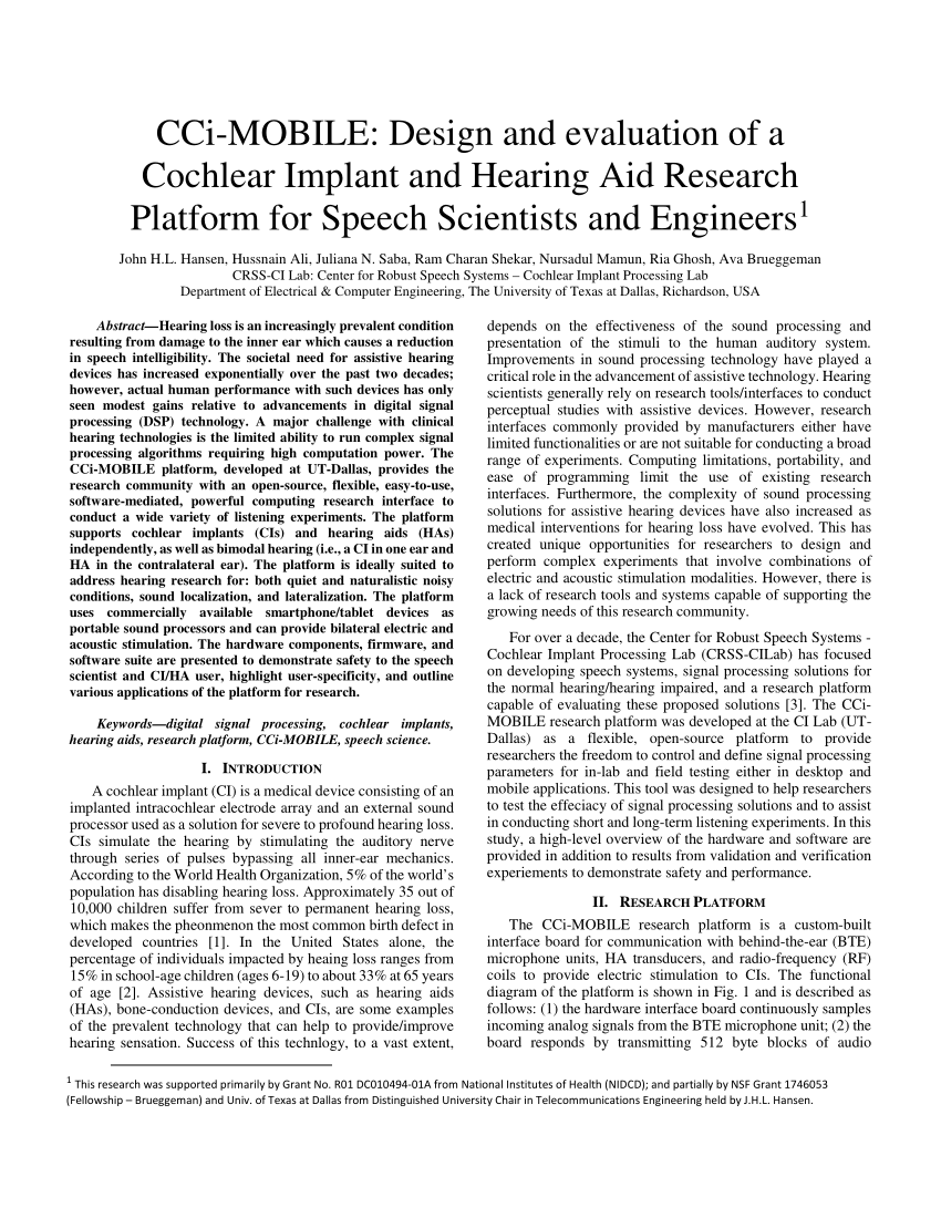 Pdf Cci Mobile Design And Evaluation Of A Cochlear Implant And Hearing Aid Research Platform For Speech Scientists And Engineers