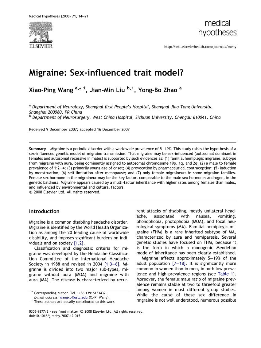 Pdf Migraine Sex Influenced Trait Model