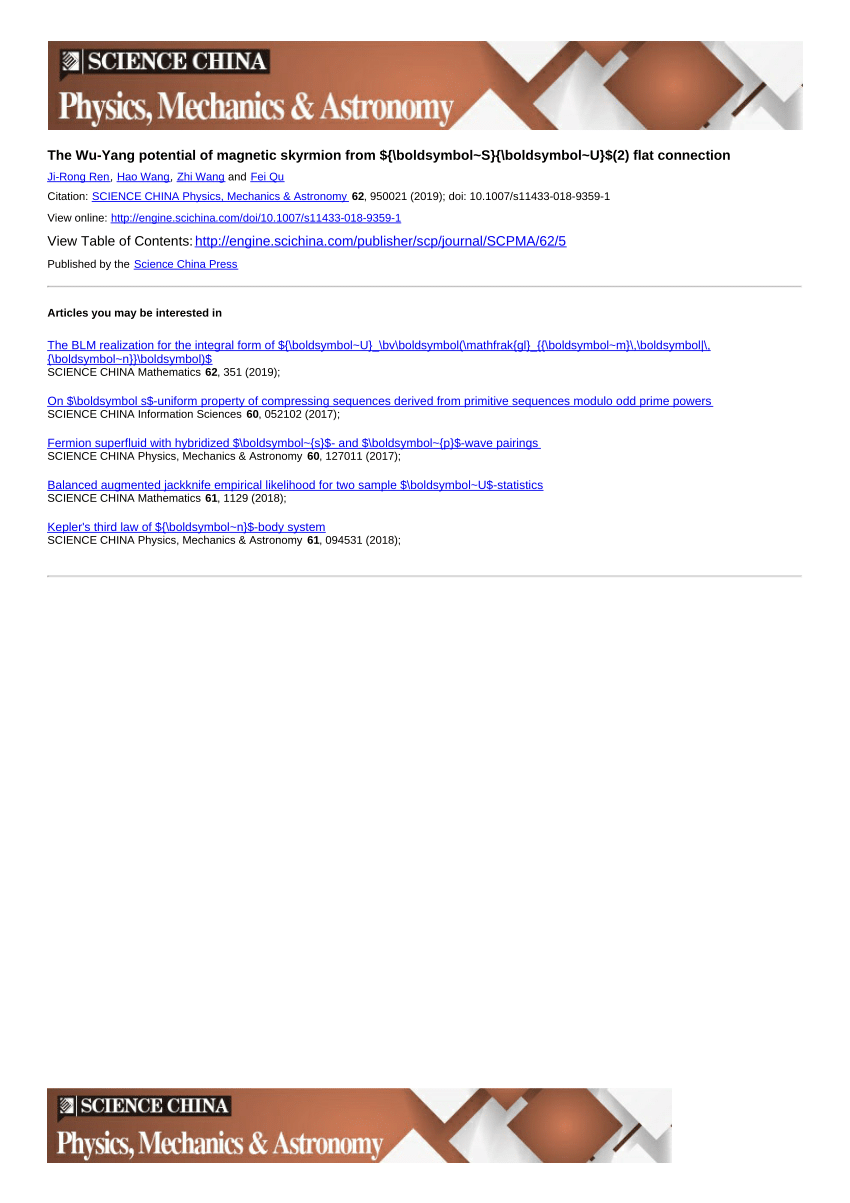 Pdf The Wu Yang Potential Of Magnetic Skyrmion From Su 2 Flat Connection