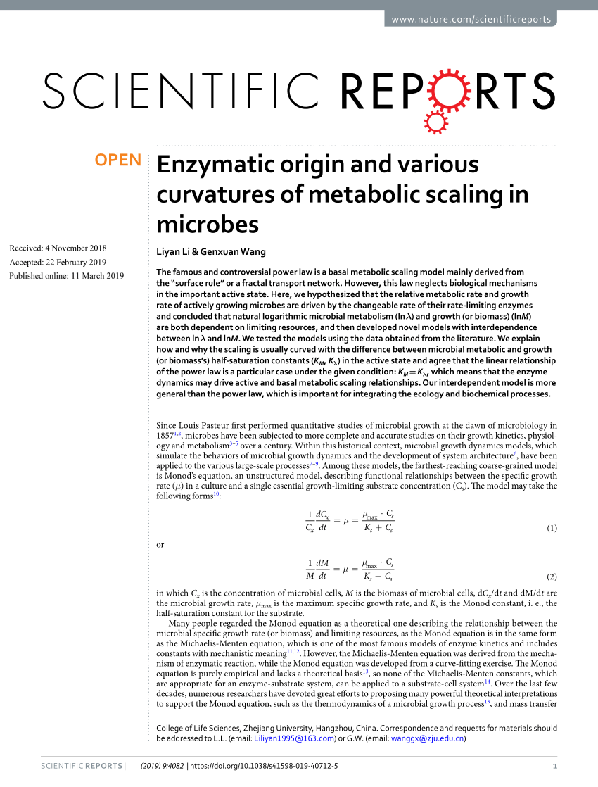 PDF) Enzymatic origin and various curvatures of metabolic scaling 