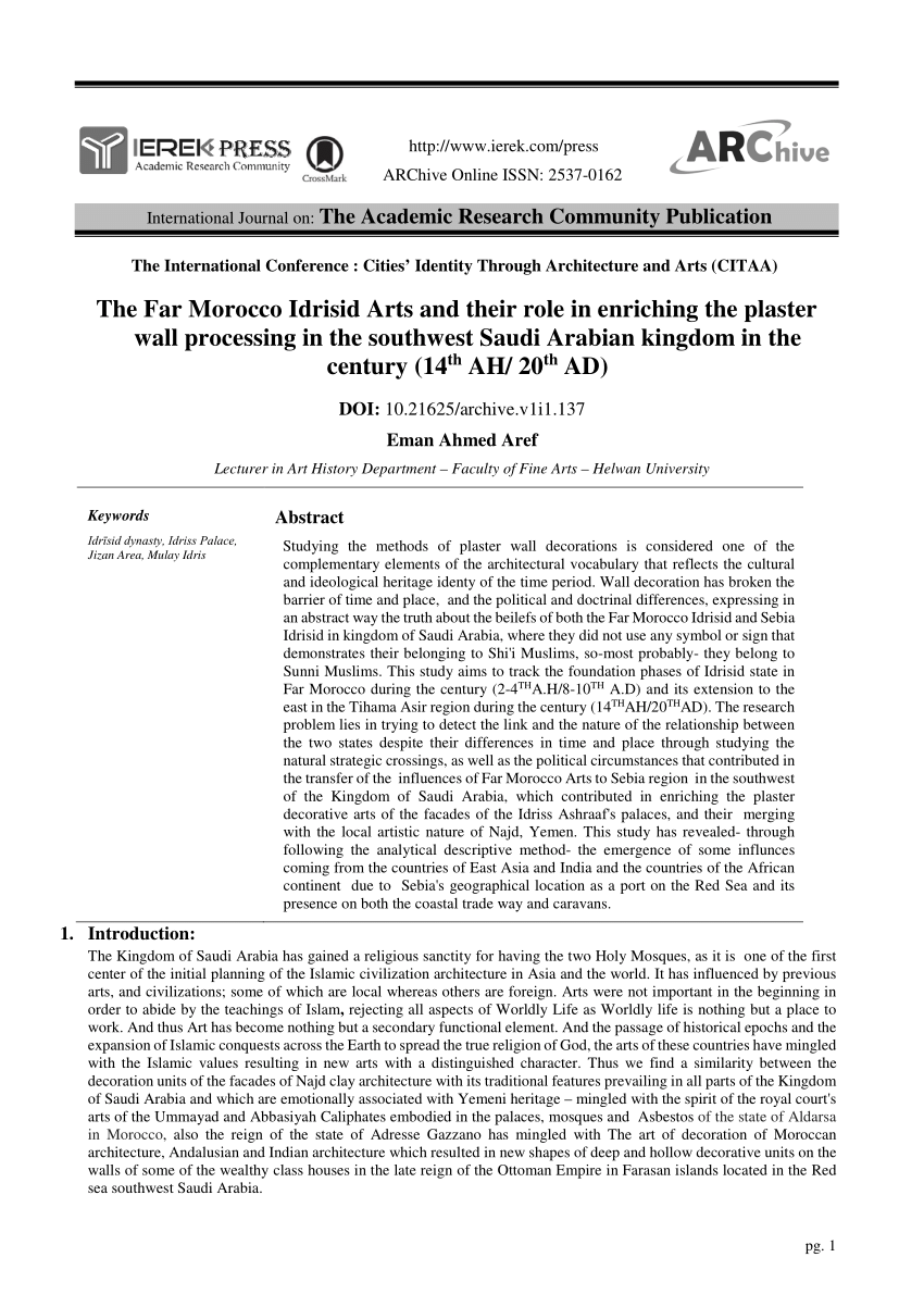 Pdf The Far Morocco Idrisid Arts And Their Role In Enriching The Plaster Wall Processing In The Southwest Saudi Arabian Kingdom In The Century 14th Ah 20th Ad