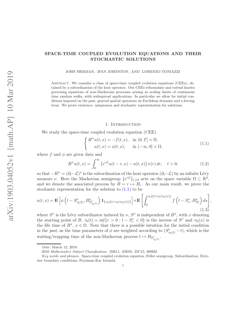 Pdf Space Time Coupled Evolution Equations And Their Stochastic Solutions