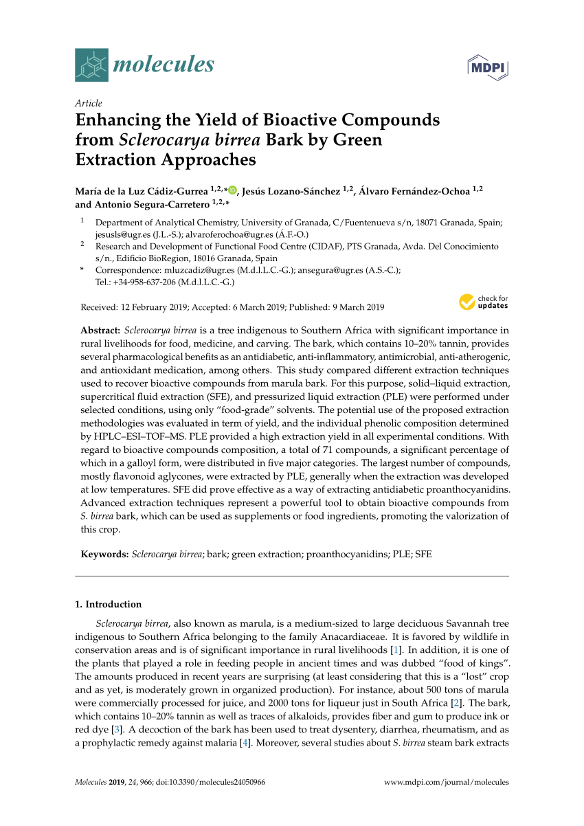 PDF) Enhancing the Yield of Bioactive Compounds from Sclerocarya birrea  Bark by Green Extraction Approaches