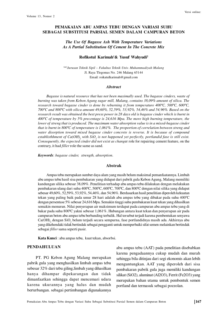 Pdf Pemakaian Abu Ampas Tebu Dengan Variasi Suhu Sebagai Substitusi Parsial Semen Dalam 2181