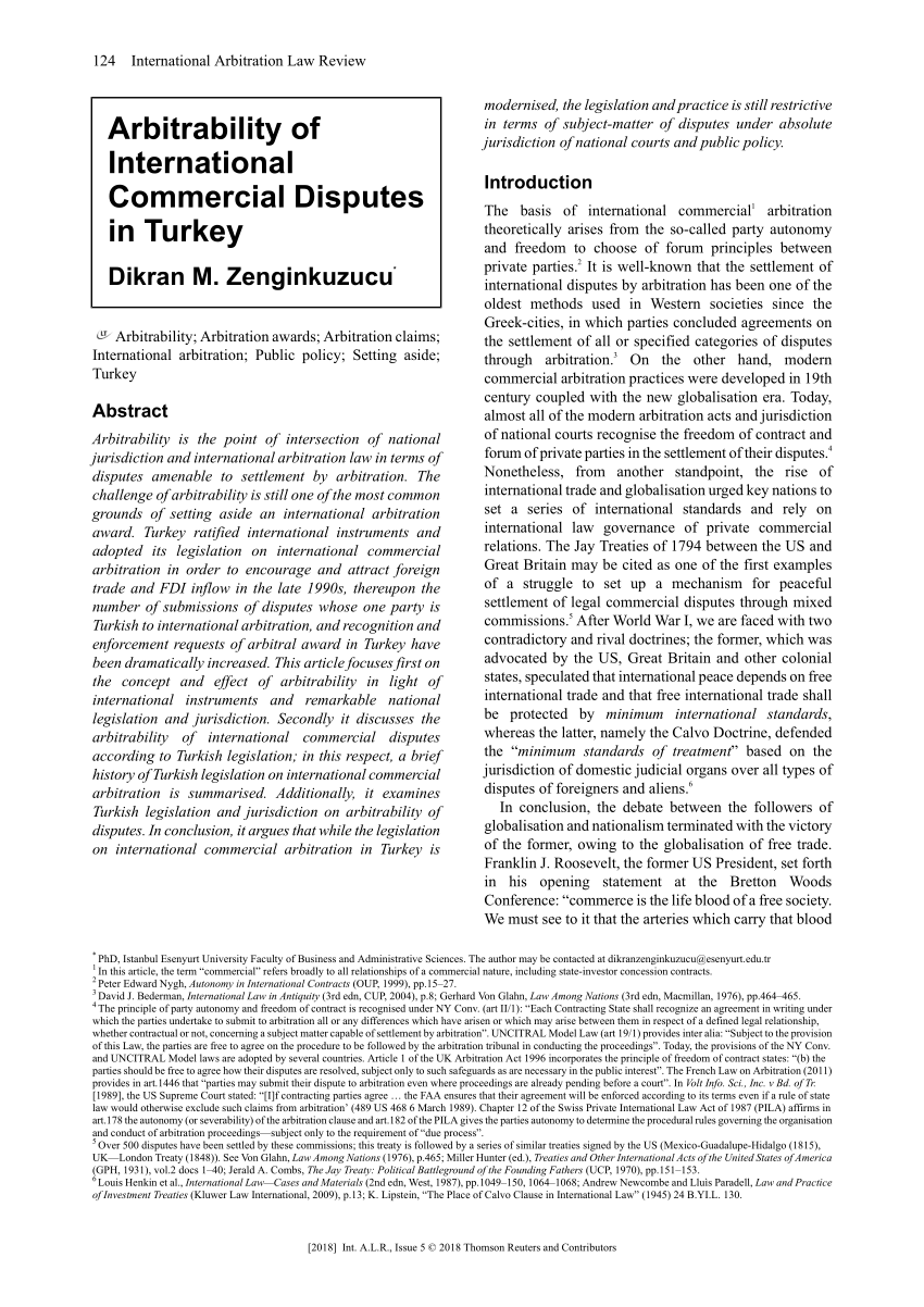 Pdf Arbitrability Of International Commercial Disputes In Turkey