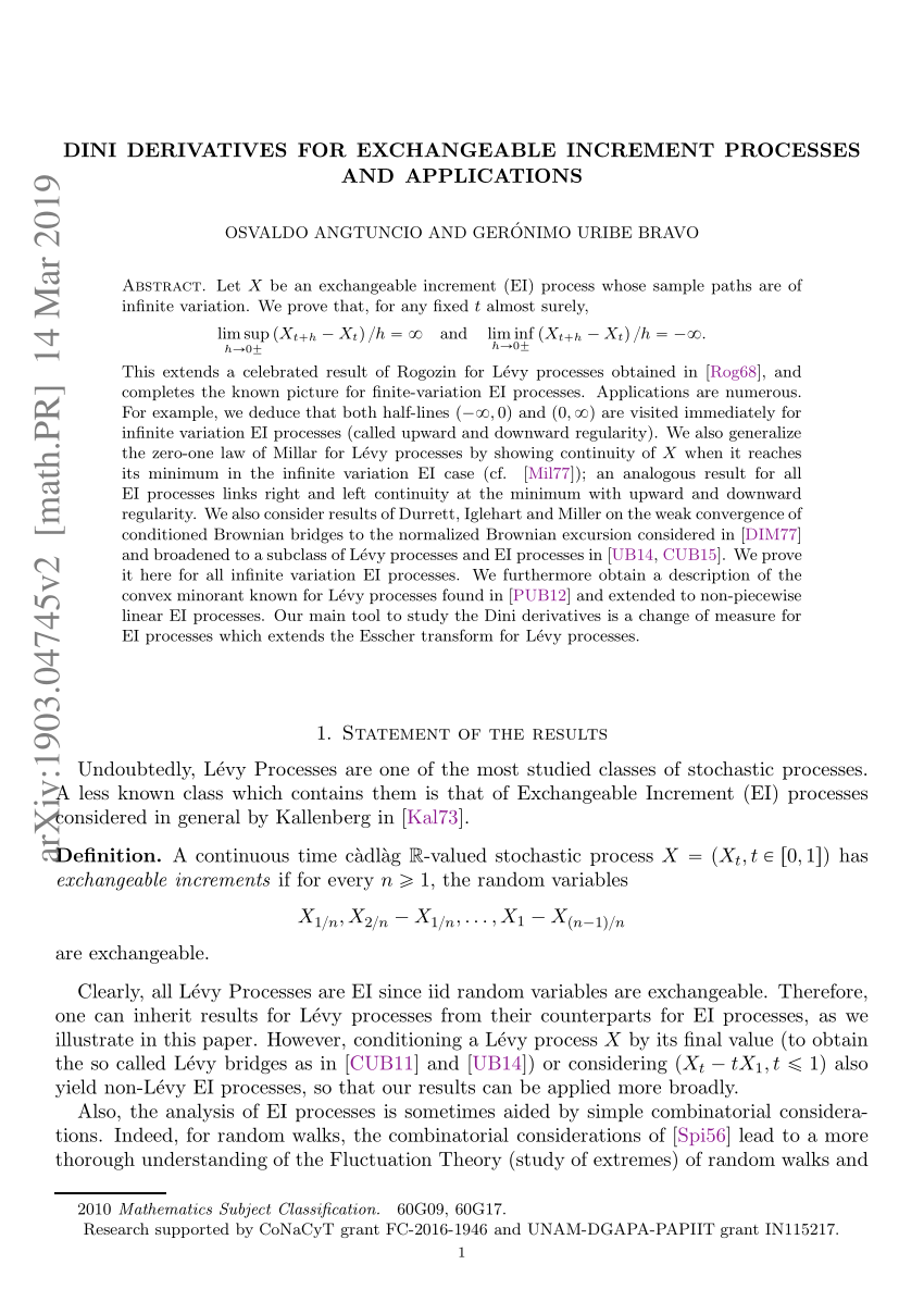 Pdf Dini Derivatives For Exchangeable Increments Processes And Applications