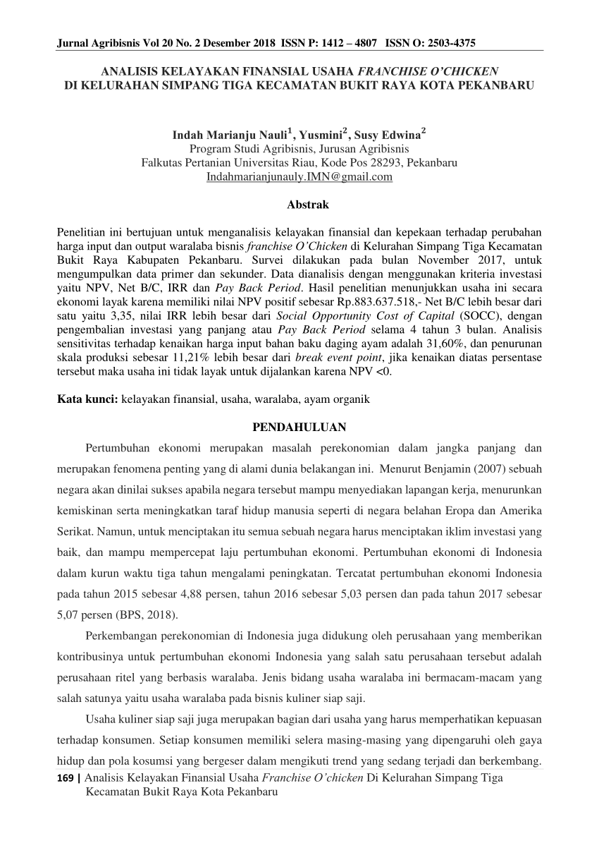 Pdf Jurnal Analisis Kelayakan Finansial Usaha Franchise Ochicken Di Kelurahan Simpang Tiga 8269