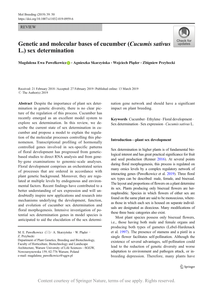 PDF) Genetic and molecular bases of cucumber (Cucumis sativus L.) sex determination