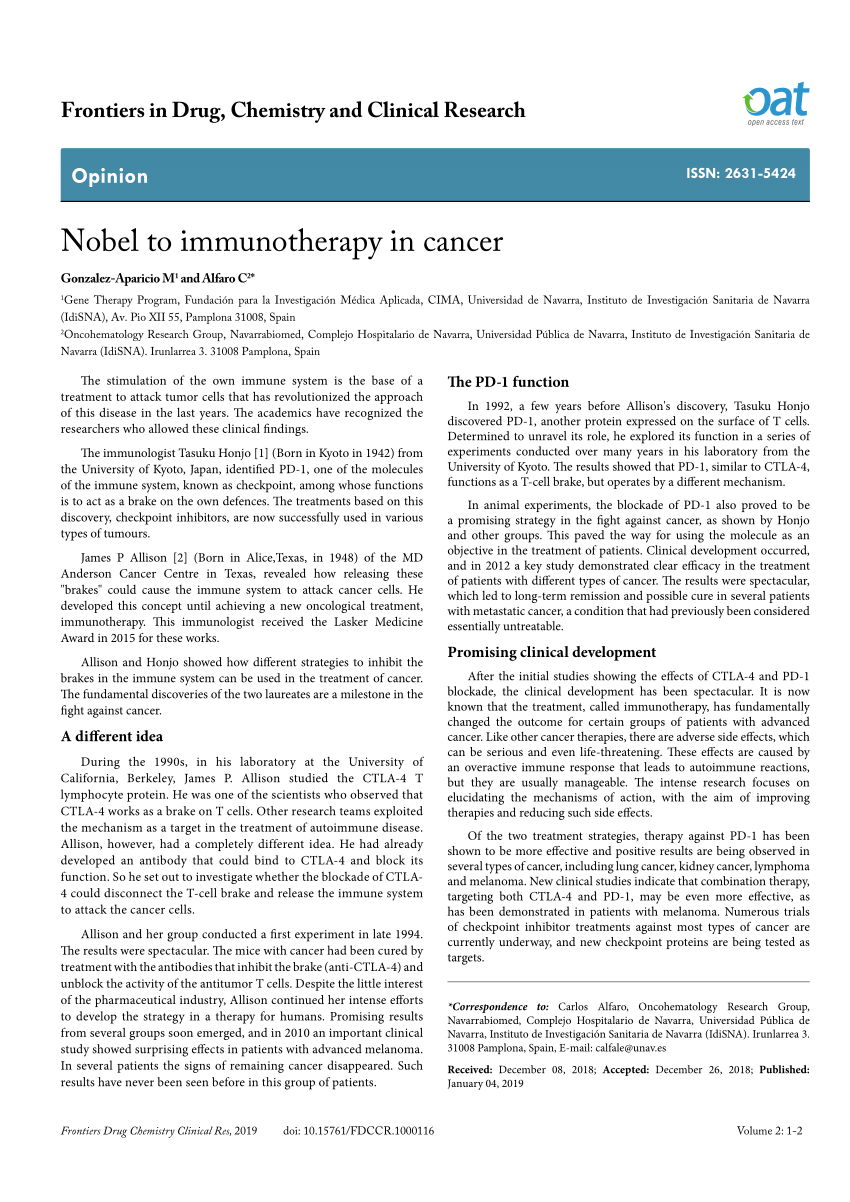 (PDF) Nobel to immunotherapy in cancer
