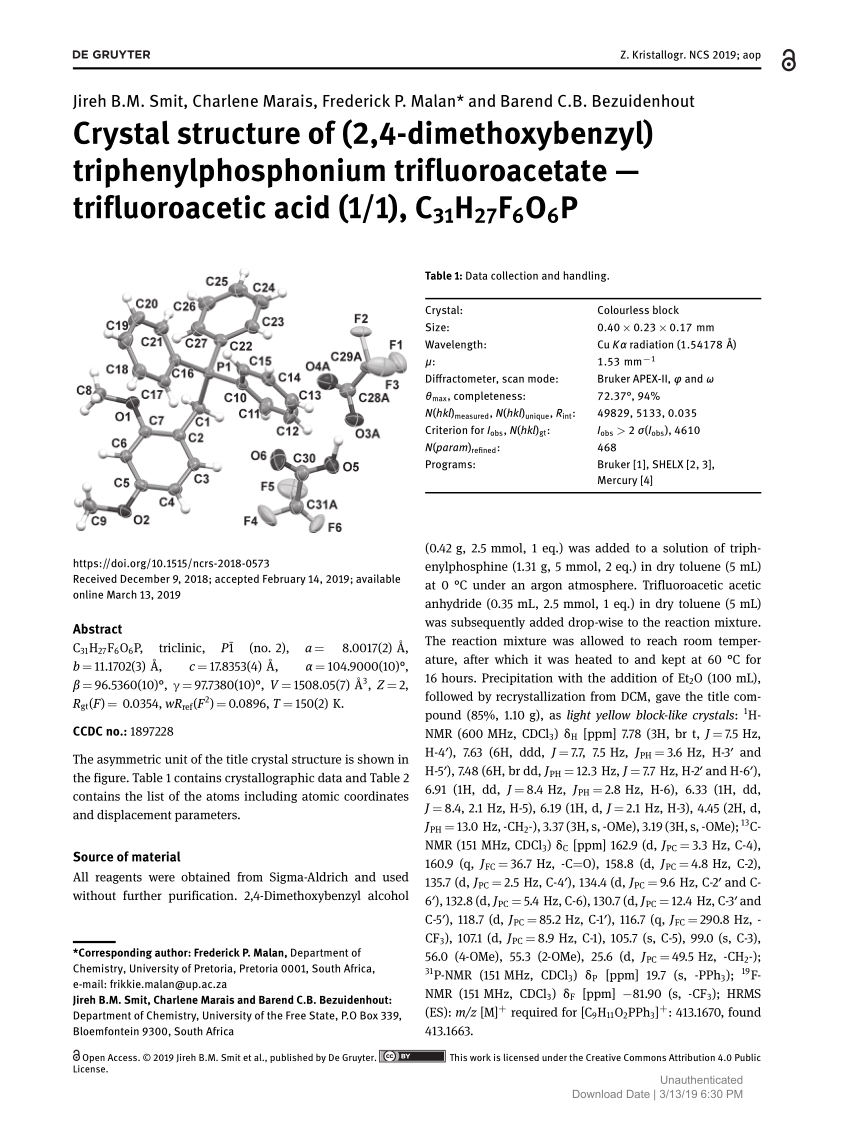 Pdf Crystal Structure Of 2 4 Dimethoxybenzyl Triphenylphosphonium Trifluoroacetate Trifluoroacetic Acid 1 1 C31h27f6o6p