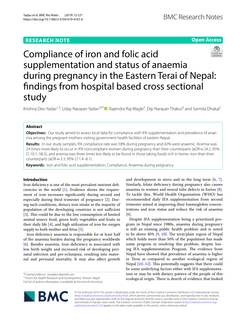 Pdf Compliance Of Iron And Folic Acid Supplementation And Status Of Anaemia During Pregnancy In The Eastern Terai Of Nepal Findings From Hospital Based Cross Sectional Study