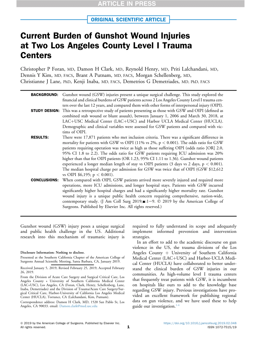 Pdf Current Burden Of Gunshot Wound Injuries At Two Los Angeles County Level I Trauma Centers