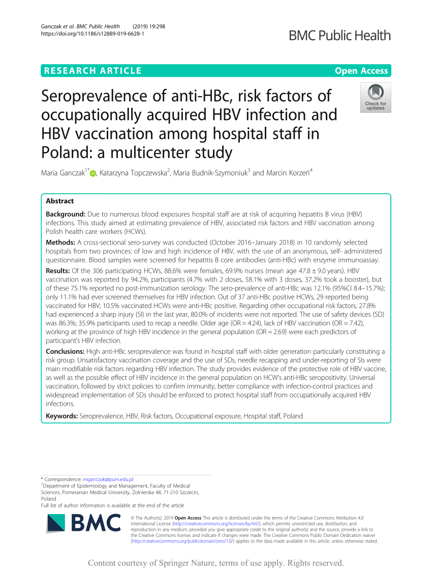 pdf seroprevalence of anti hbc risk factors of occupationally acquired hbv infection and hbv vaccination among hospital staff in poland a multicenter study