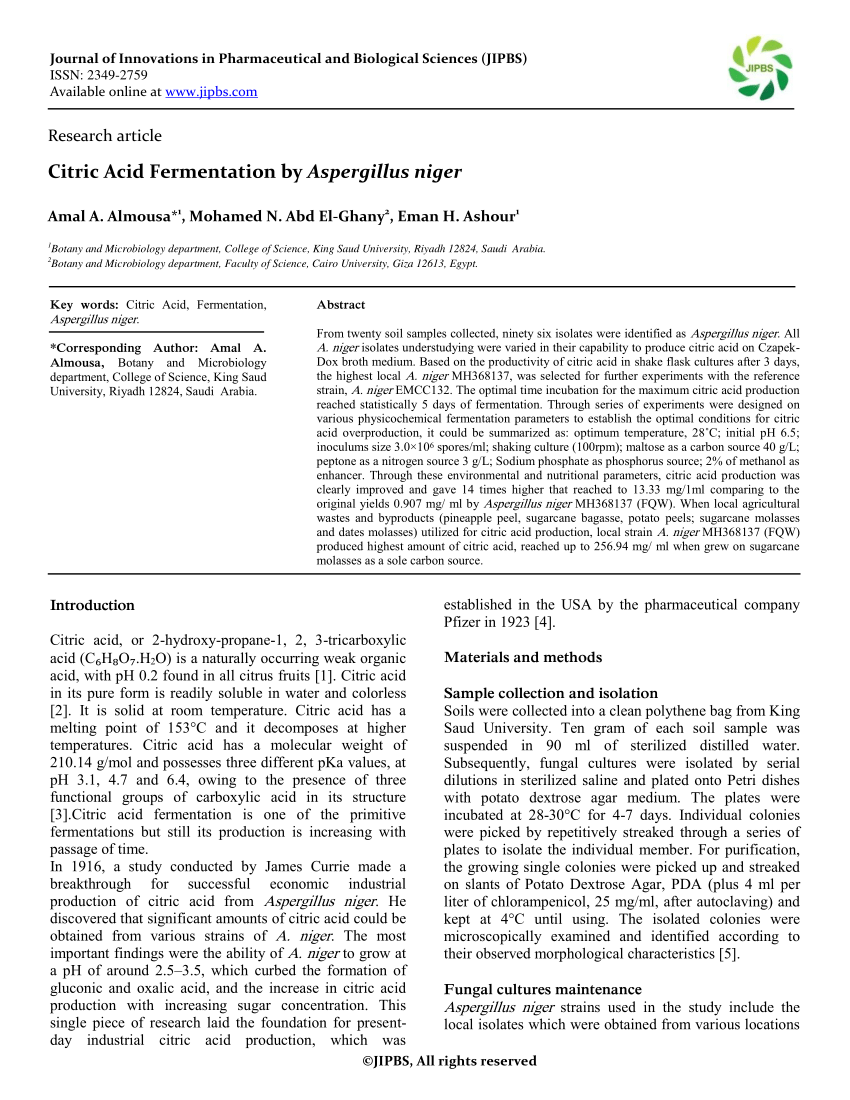 citric acid fermentation by aspergillus niger