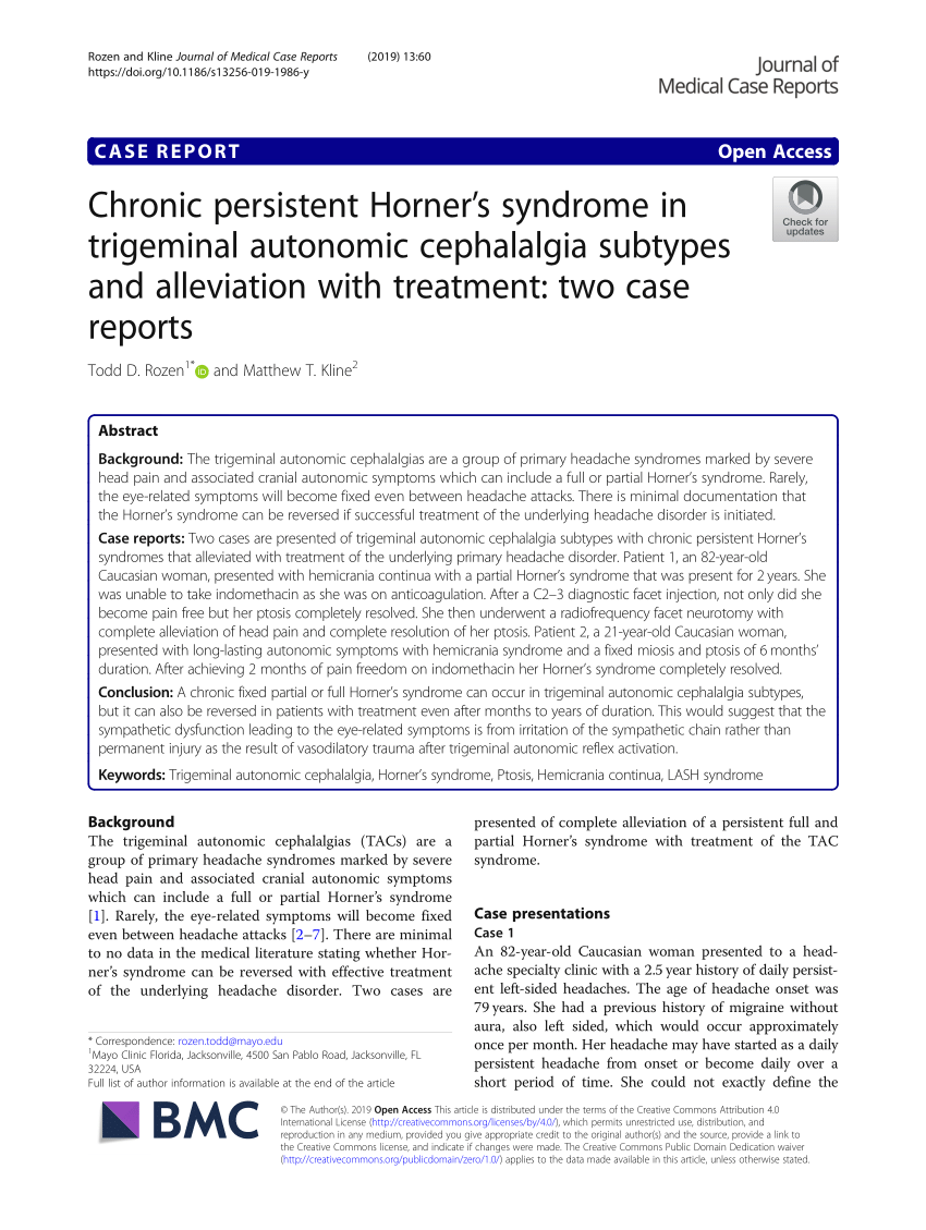 Pdf Chronic Persistent Horners Syndrome In Trigeminal Autonomic