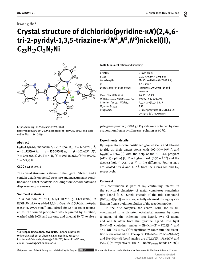 Pdf Crystal Structure Of Dichlorido Pyridine Kn 2 4 6 Tri 2 Pyridyl 1 3 5 Triazine K3n2 N1 N6 Nickel Ii C23h17cl2n7ni