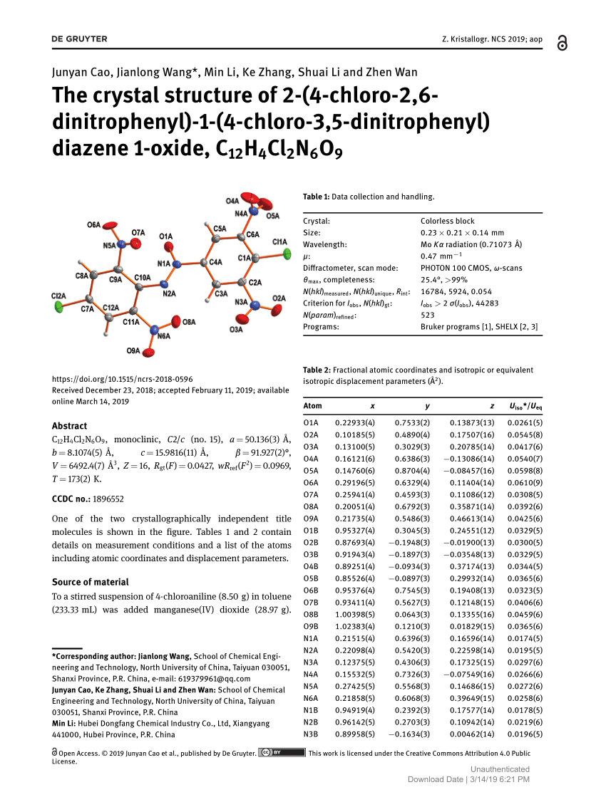 Pdf The Crystal Structure Of 2 4 Chloro 2 6 Dinitrophenyl 1 4 Chloro 3 5 Dinitrophenyl Diazene 1 Oxide C12h4cl2n6o9