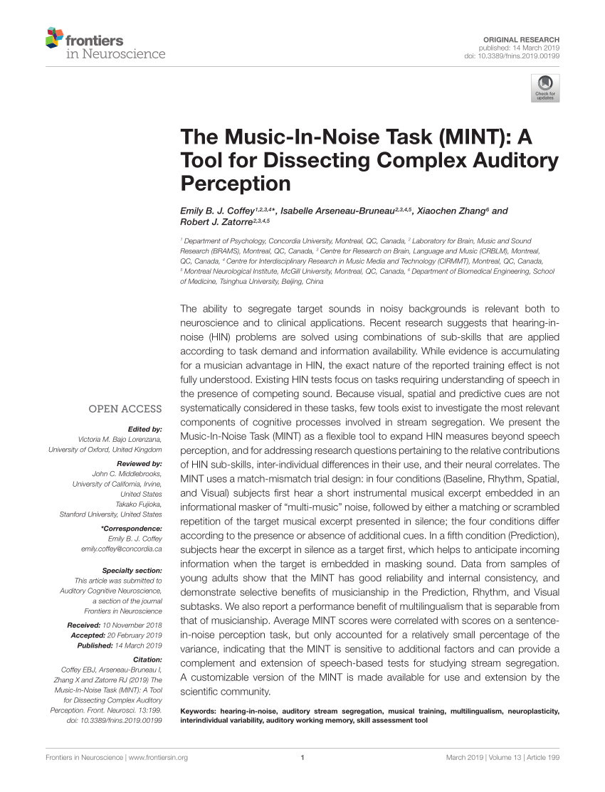 Pdf The Music In Noise Task Mint A Tool For Dissecting Complex Auditory Perception