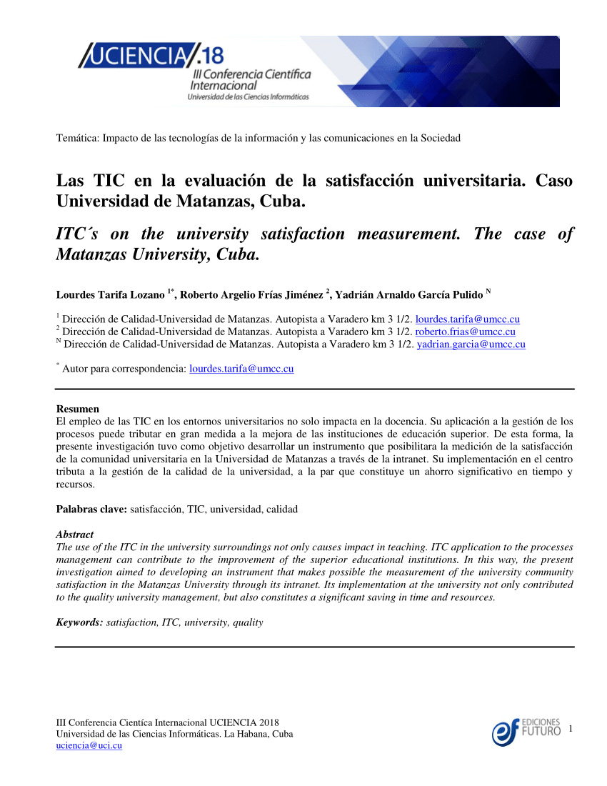 Pdf Las Tic En La Evaluación De La Satisfacción Universitaria Caso Universidad De Matanzas 0257