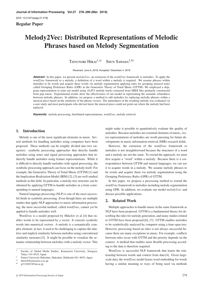 Pdf Melody2vec Distributed Representations Of Melodic Phrases Based On Melody Segmentation