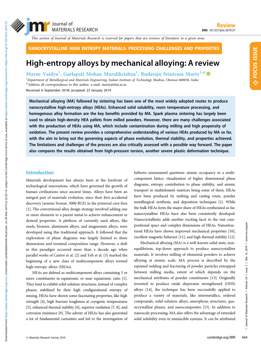 Pdf High Entropy Alloys By Mechanical Alloying A Review