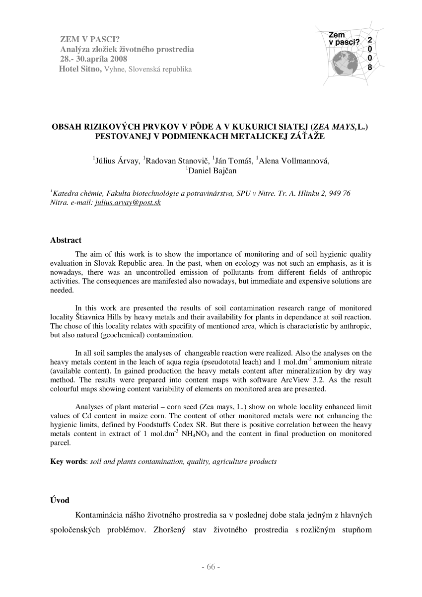 Pdf Obsah Rizikovych Prvkov V Pode A V Kukurici Siatej Zea Mays L Pestovanej V Podmienkach Metalickej Zataze