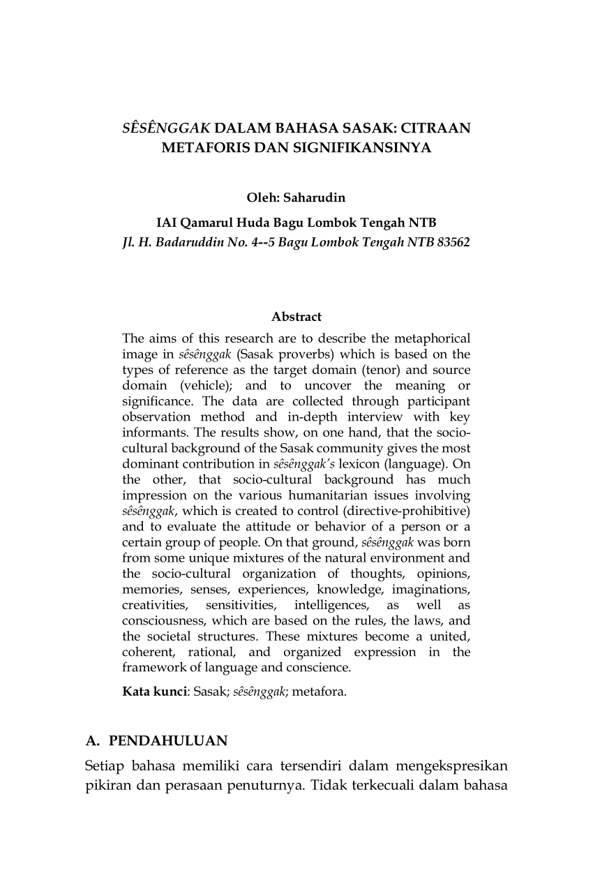 Pdf Sesenggak Dalam Bahasa Sasak Citraan Metaforis Dan