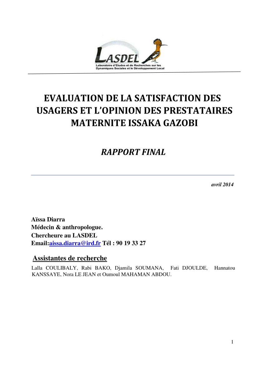 Pdf Evaluation De La Satisfaction Des Usagers Et L Opinion Des Prestataires Maternite Issaka Gazobi Rapport Final