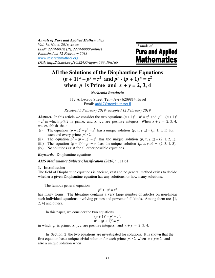 Pdf All The Solutions Of The Diophantine Equations P 1 X Py Z2 And Py P 1 X Z2 When P Is Prime And X Y 2 3 4