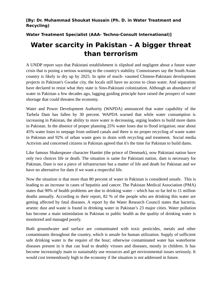 essay on water scarcity in pakistan