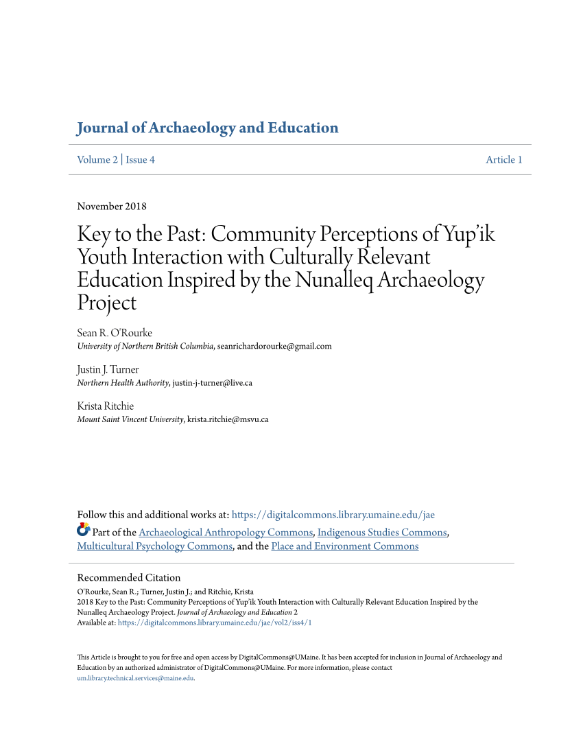 PDF) Key to the Past: Community Perceptions of Yup'ik Youth Interaction  with Culturally Relevant Education Inspired by the Nunalleq Archaeology  Project