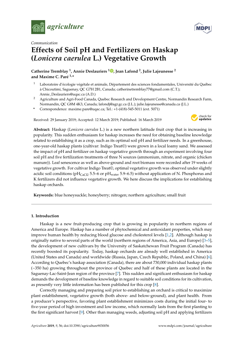 Pdf Effects Of Soil Ph And Fertilizers On Haskap Lonicera Caerulea L Vegetative Growth