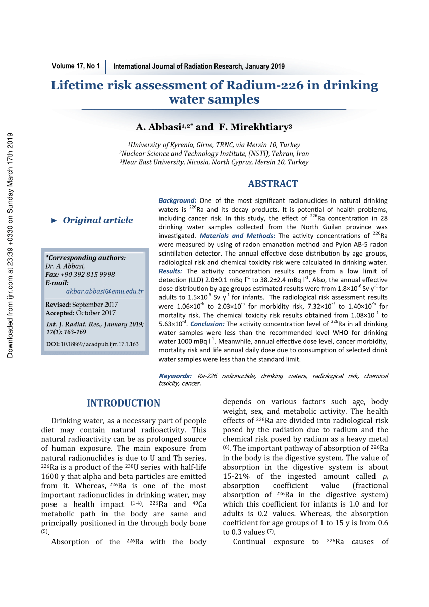 Pdf Lifetime Risk Assessment Of Radium 226 In Drinking Water Samples