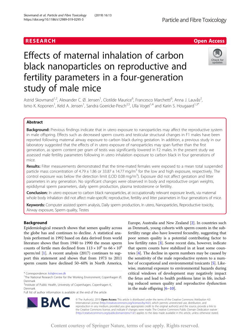 Pdf Effects Of Maternal Inhalation Of Carbon Black Nanoparticles On Reproductive And Fertility Parameters In A Four Generation Study Of Male Mice