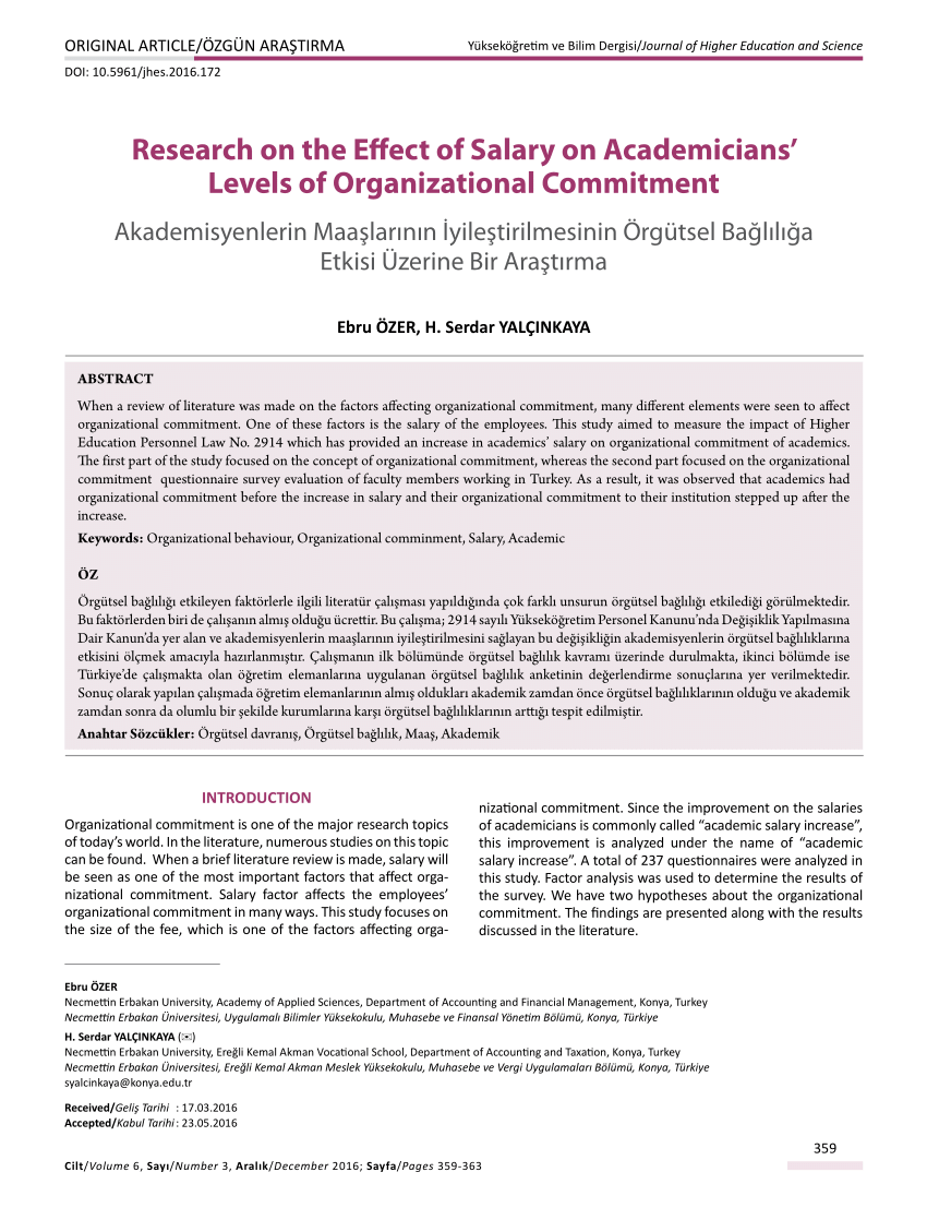 Pdf A Research On The Effect Of Salary On Academicians Levels Of Organizational Commitment