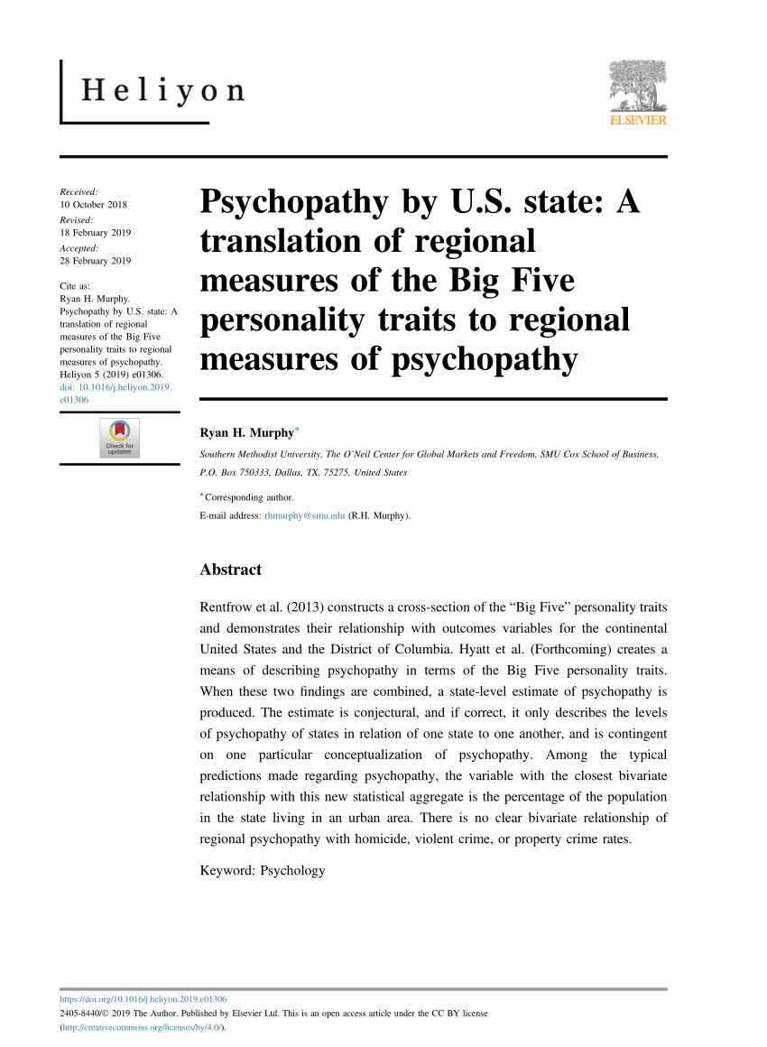 Pdf Psychopathy By U S State A Translation Of Regional Measures Of The Big Five Personality Traits To Regional Measures Of Psychopathy