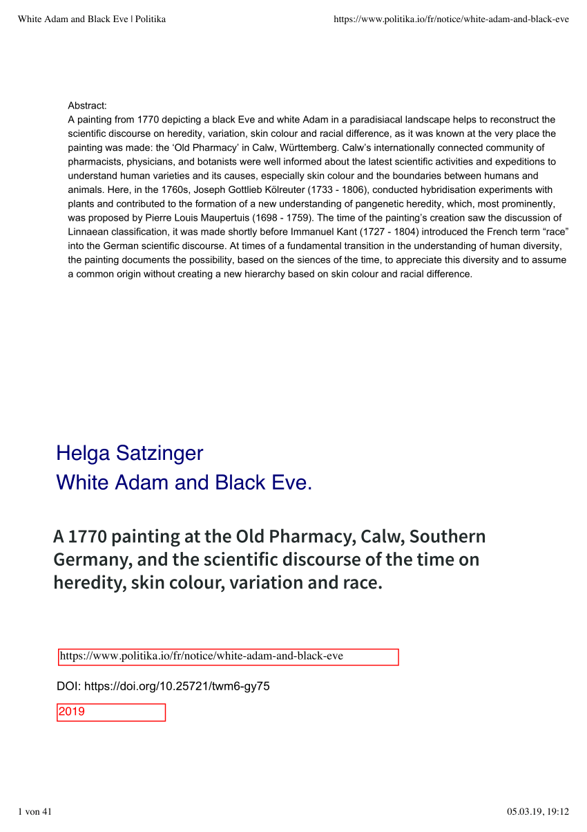 Pdf White Adam And Black Eve A 1770 Painting At The Old Pharmacy Calw Southern Germany And The Scientific Discourse Of The Time On Heredity Skin Colour Variation And Race