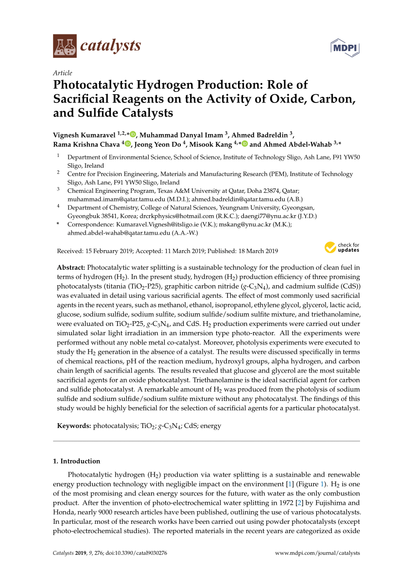 Pdf Photocatalytic Hydrogen Production Role Of Sacrificial Reagents On The Activity Of Oxide Carbon And Sulfide Catalysts