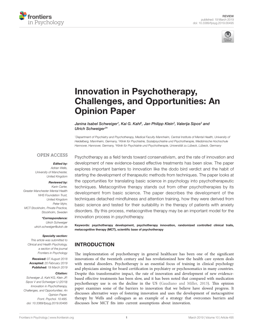 (PDF) Innovation in Psychotherapy, Challenges, and Opportunities An