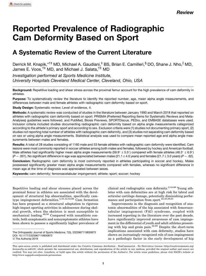 PDF) Reported Prevalence of Radiographic Cam Deformity Based on Sport A Systematic Review of the Current Literature