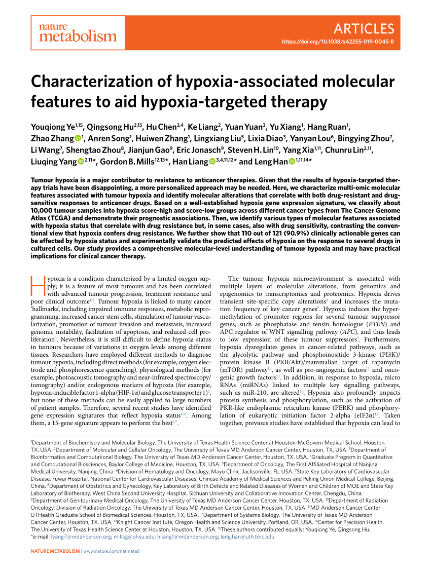 PDF) Characterization of Hypoxia-associated Molecular Features to Aid  Hypoxia-Targeted Therapy